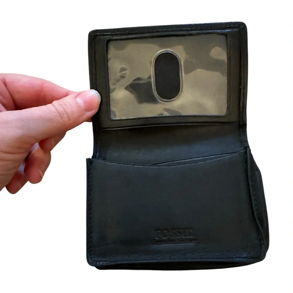 Fossil Black Leather Bifold ID Holder Card Wallet 3”x4” Unisex Travel Minimalist